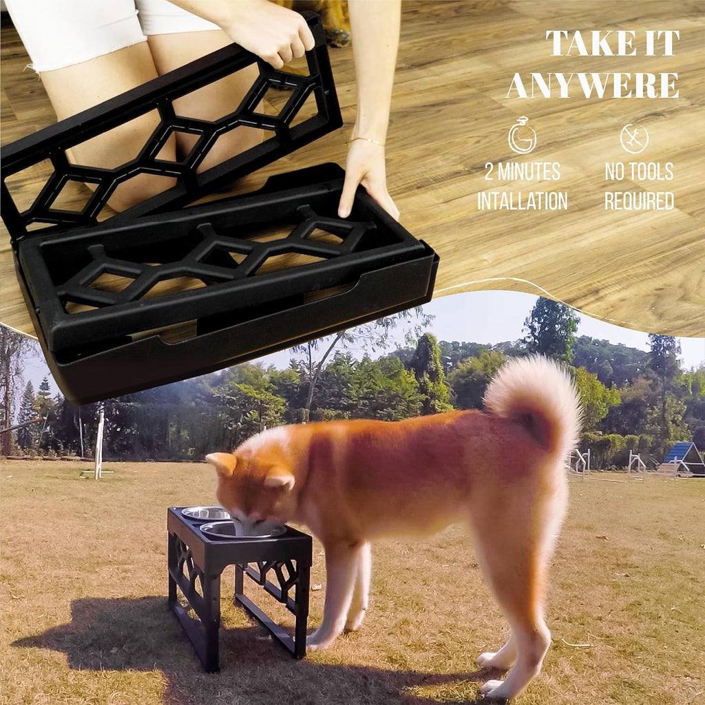 Elevated Dog Bowls, 4 Height Adjustable Stand for Medium and Large Dogs, Raised Dog Feeder Holder with 2 Stainless Steel Food and Water Bowls, Anti-Slip Base Tall Feeding Station