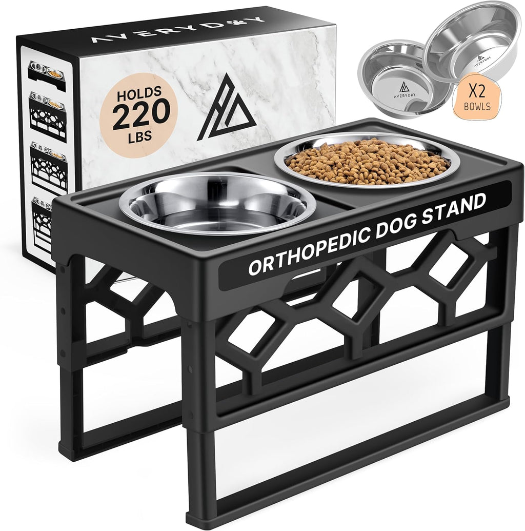 Elevated Dog Bowls, 4 Height Adjustable Stand for Medium and Large Dogs, Raised Dog Feeder Holder with 2 Stainless Steel Food and Water Bowls, Anti-Slip Base Tall Feeding Station