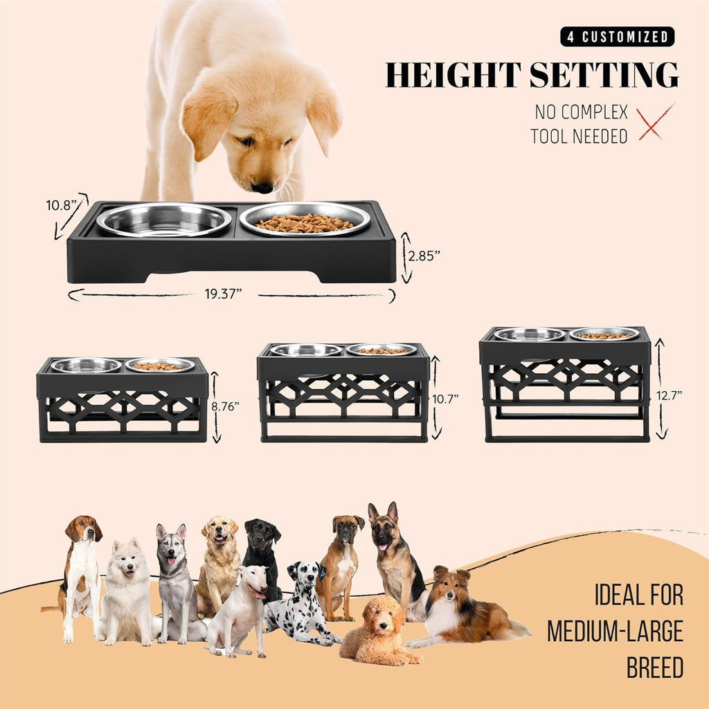 Elevated Dog Bowls, 4 Height Adjustable Stand for Medium and Large Dogs, Raised Dog Feeder Holder with 2 Stainless Steel Food and Water Bowls, Anti-Slip Base Tall Feeding Station
